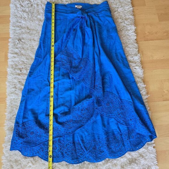 Jason Wu Eyelet Lace Embroidered Hem Boho Linen Blend Blue Midi Skirt Size 10 - Picture 7 of 9